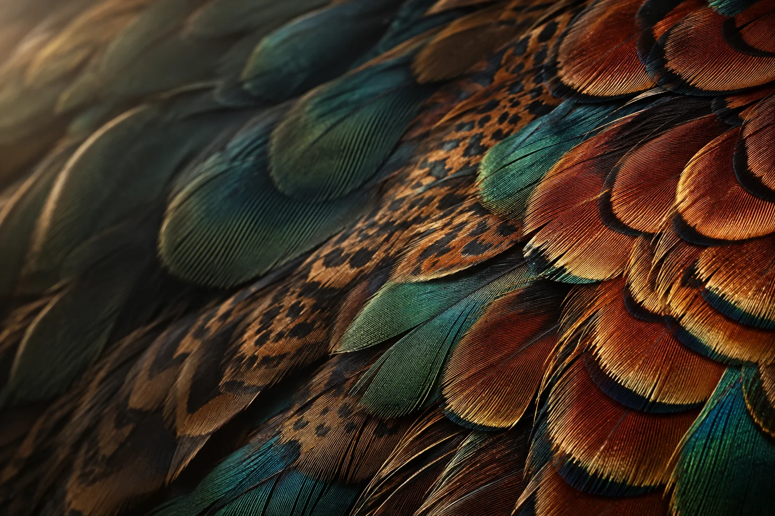 AI editorial study of copper and teal feather textures