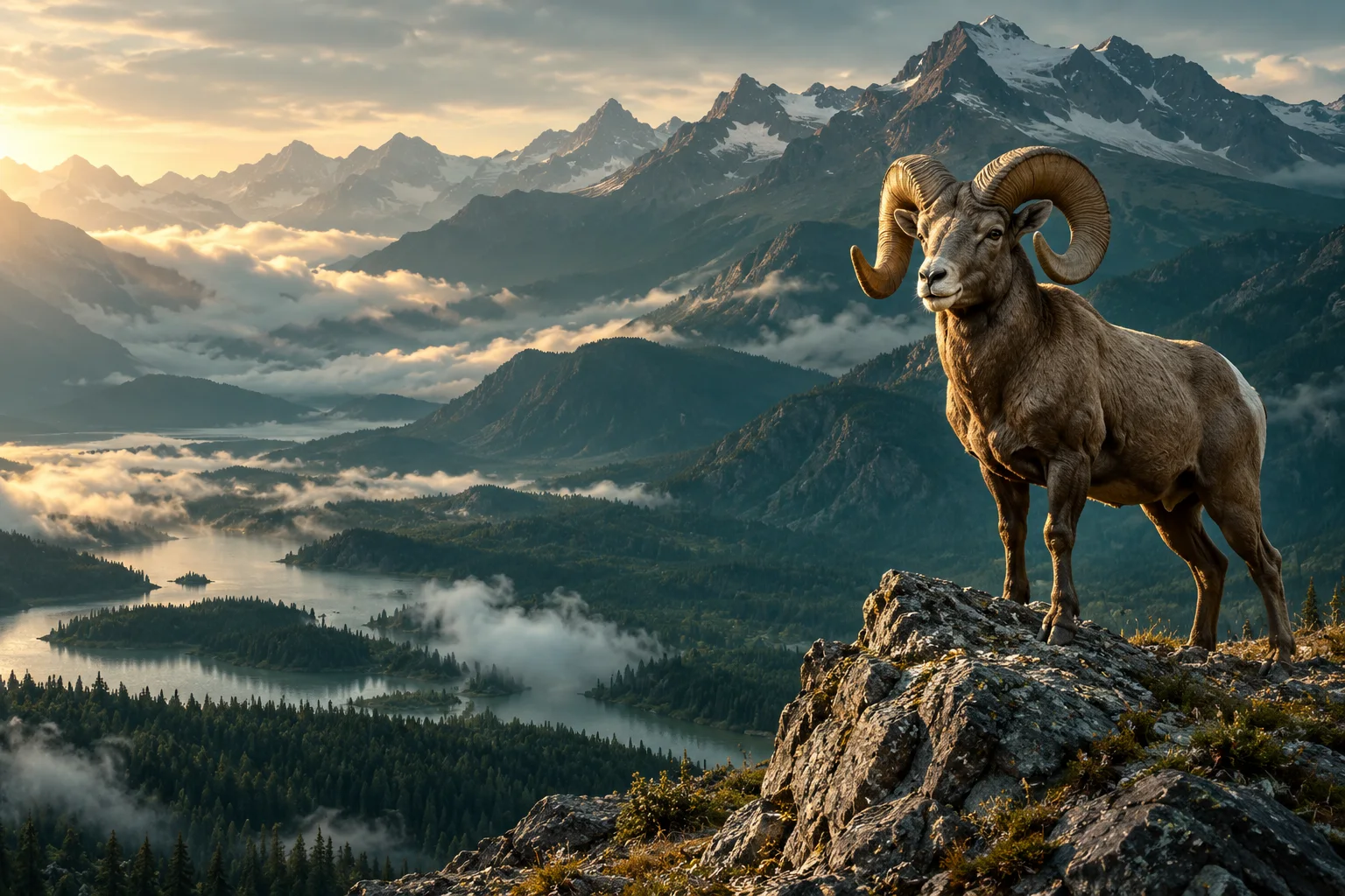 AI editorial scene of a bighorn ram above a mountain valley