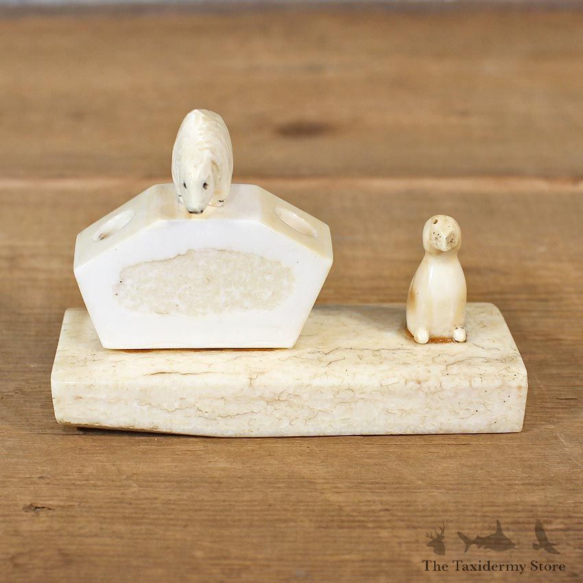 Native Carved Ivory Polar Bear & Puffiin Pen Holder #12077 For Sale @ The Taxidermy Store